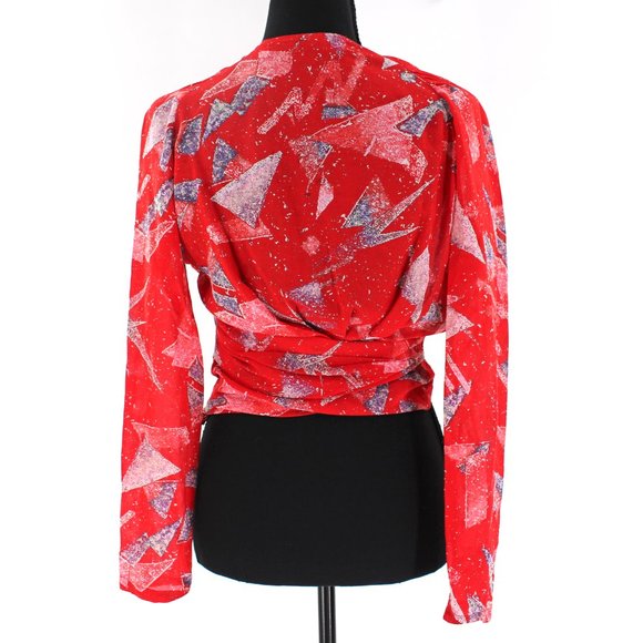 IRO Red Geometric Washable Silk Gabota Top V-Neck Long Sleeve Blouse 36 Small - Picture 7 of 10